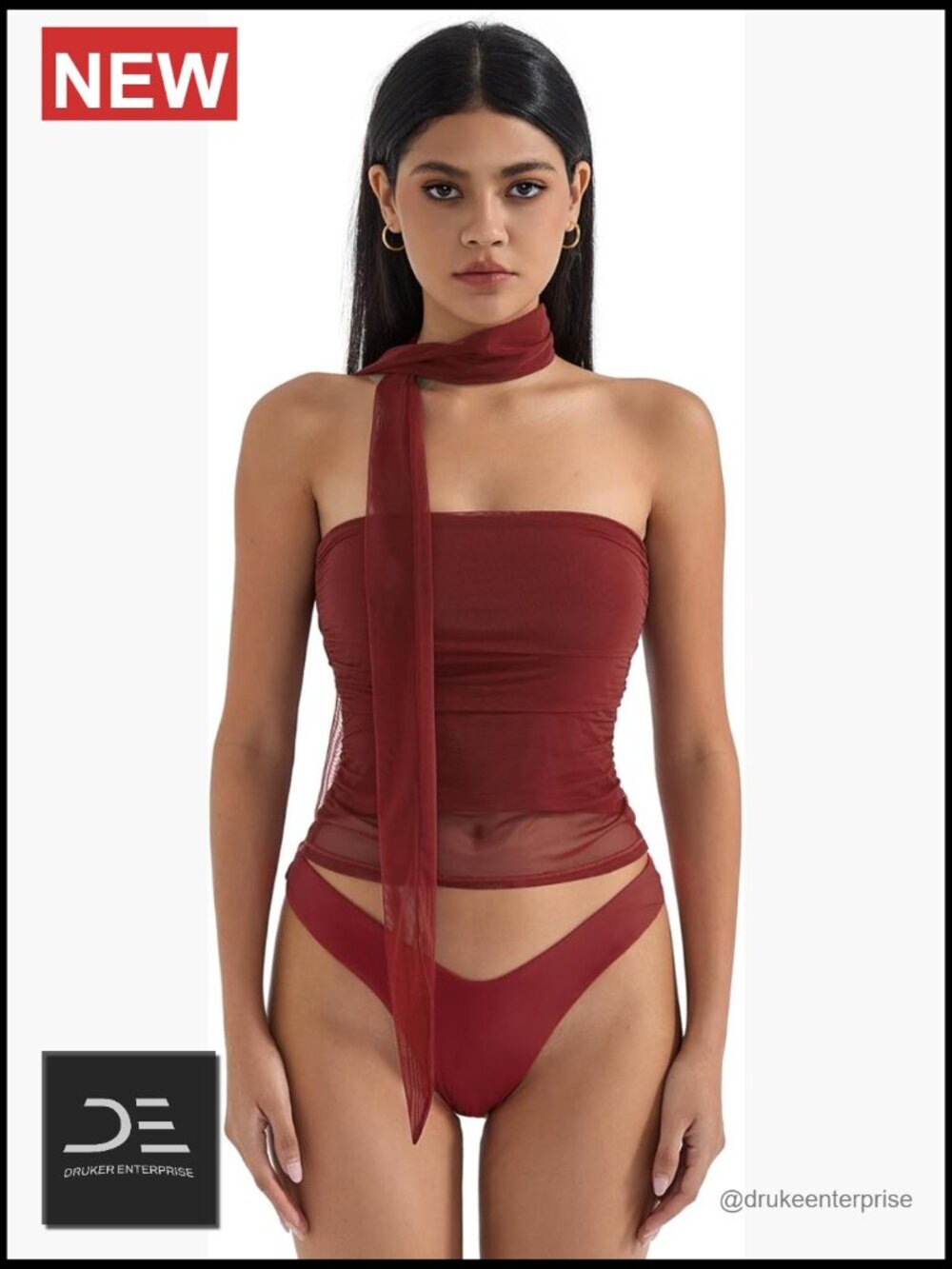 Mesh Tube Top Y2k Sleeveless Bandeau Tank Top with Scarf
